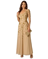 Adrianna Papell Women's Scoop Neck Mesh Long Dress