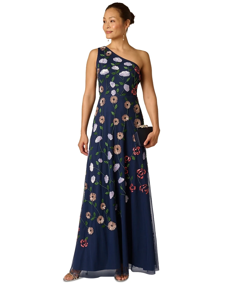 Adrianna Papell Women's One Shoulder Mesh Long Dress