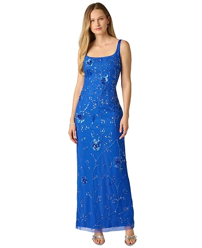 Adrianna Papell Square Neck Bead Mesh Column Dress
