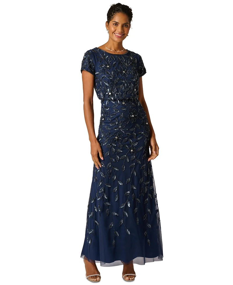 Adrianna Papell Women's Boat-Neck Blouson Beaded Gown