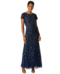 Adrianna Papell Women's Boat-Neck Blouson Beaded Gown