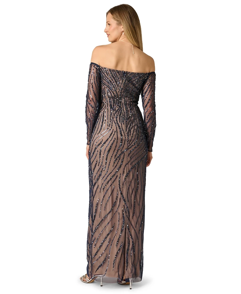 Adrianna Papell Women's Off the Shoulder Beaded Long Dress