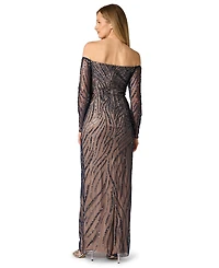 Adrianna Papell Women's Off the Shoulder Beaded Long Dress