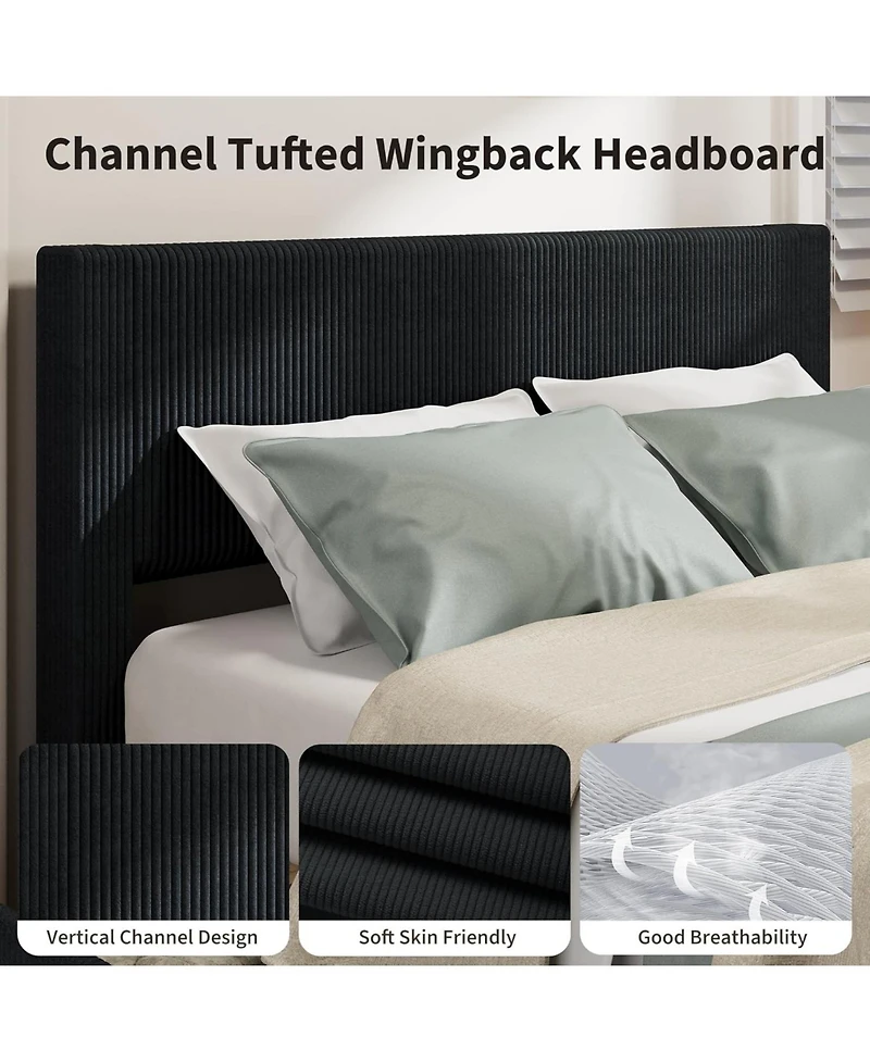 gaomon Full Upholstered Bed Frame with 4 Storage Drawers, Wingback Channel Tufted Headboard