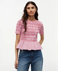 Tommy Hilfiger Women's Smocking Striped Boat Neck Cotton Top