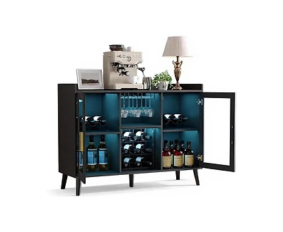 gaomon Wine Bar - Led Lighting, Glass Doors, 18-Bottle Wine Racks, Glass Holders - Wood Coffee Bar Station for Home, Living Room