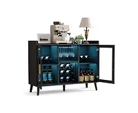 gaomon Wine Bar - Led Lighting, Glass Doors, 18-Bottle Wine Racks, Glass Holders - Wood Coffee Bar Station for Home, Living Room