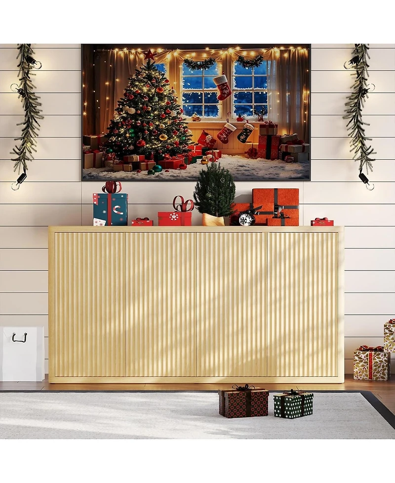 gaomon Sideboard, 66 Inch Fluted Wood Coffee Bar Organizer, Modern Pop Up Buffet Table with Storage