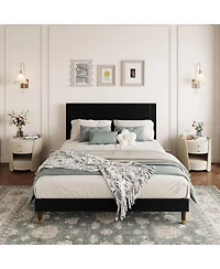 gaomon Upholstered Bed Frame with Headboard, Corduroy Platform with Wood Slats