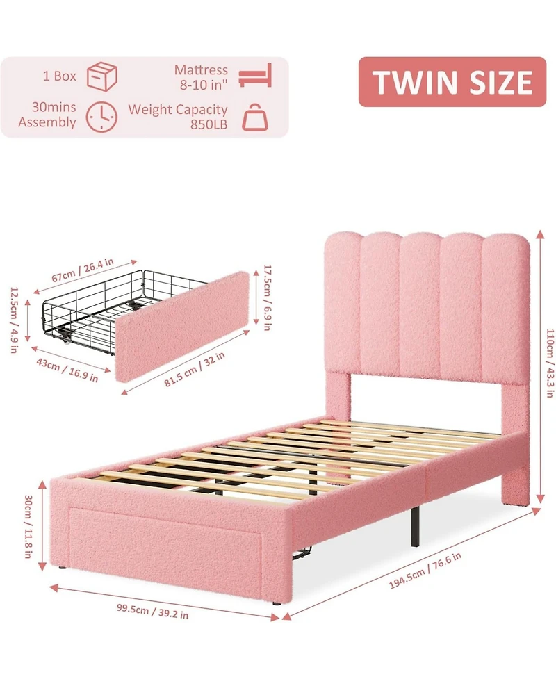gaomon Set of 2 Twin Upholstered Bed Frames with Drawer and Wave Headboard, Kids Platform Design