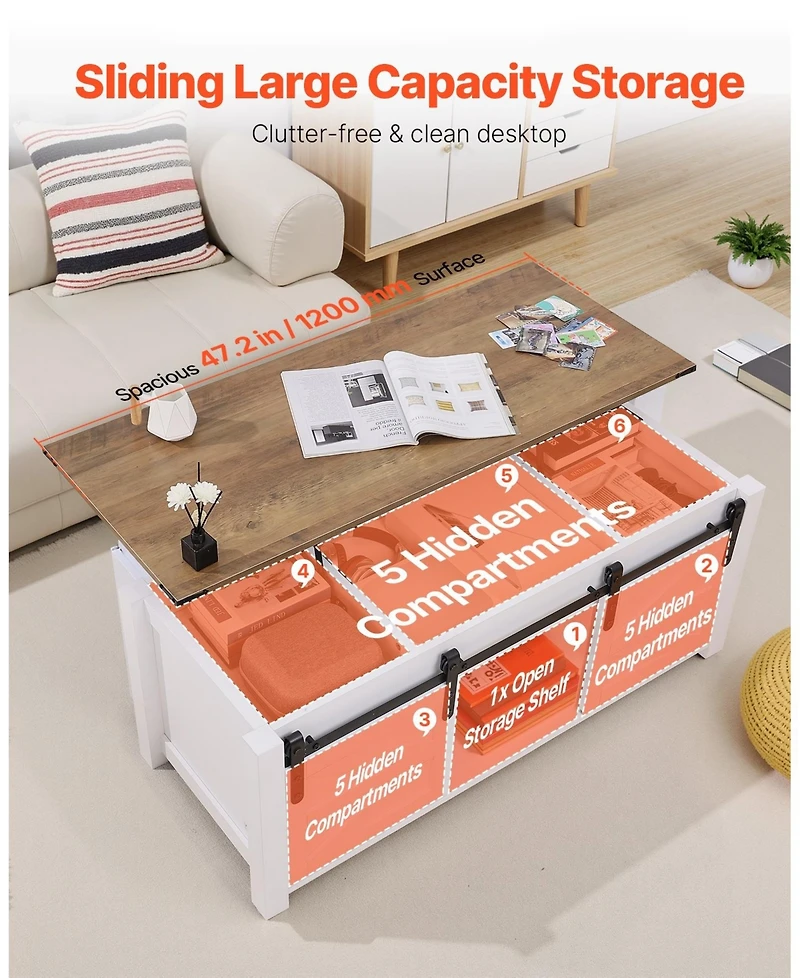 Gouun Lift Top Coffee Table with Hidden Storage and Barn Door