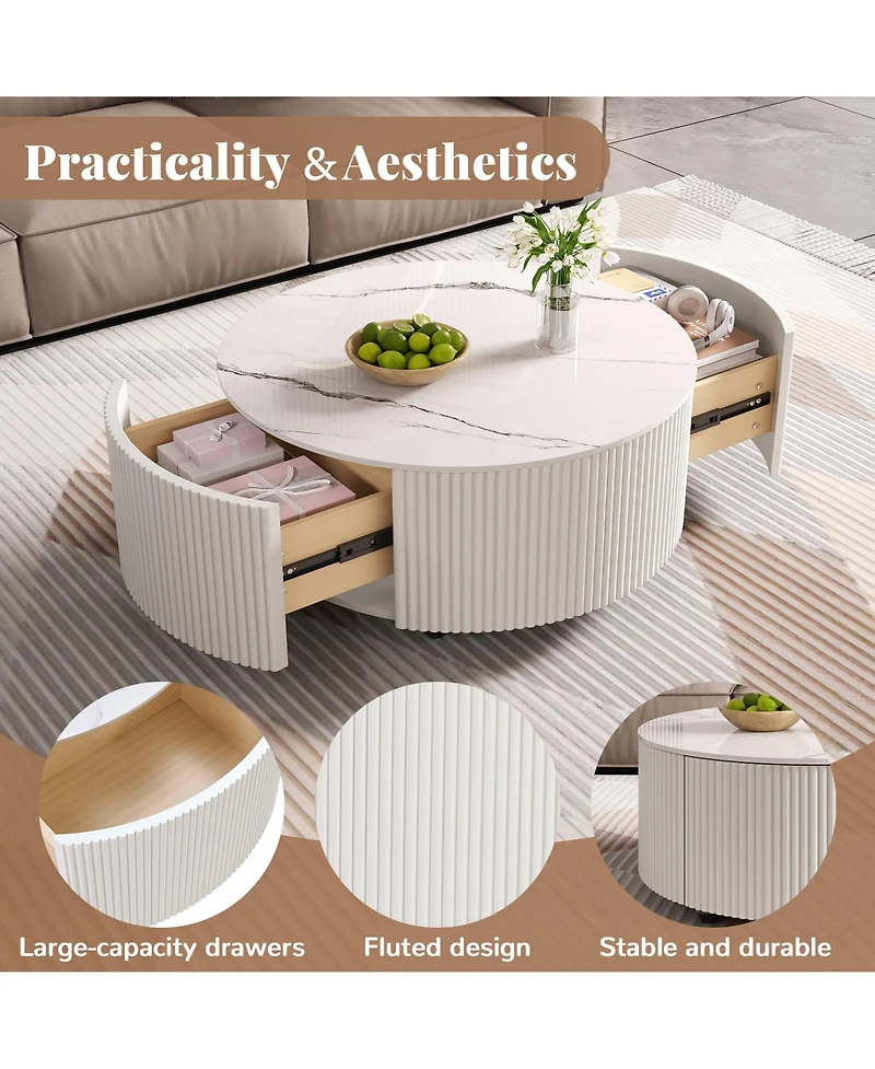 Rainsken Round Coffee Table with Wheels, Living Room Center Table with Marble Pattern Sintered Stone Tabletop and Dual Drawers for Storage