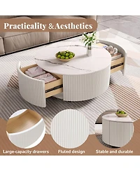 Rainsken Round Coffee Table with Wheels, Living Room Center Table with Marble Pattern Sintered Stone Tabletop and Dual Drawers for Storage