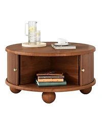Rainsken Round Fluted Coffee Table with Storage, Modern Solid Wood Center Table Furniture Sliding Door for Living Room, Small Spaces