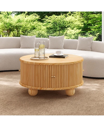 Rainsken Modern Round Fluted Storage Coffee Table, Solid Wood Center Table with Sliding Doors for Living Room and Compact Spaces