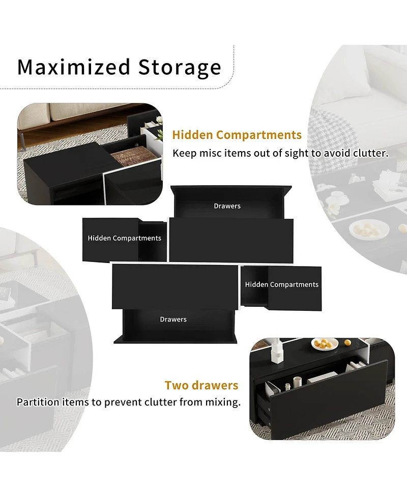Rainsken Extendable Coffee Table - High-Gloss Finish, 2 Hidden Storage Space and 2 Drawers, Multi-Functional Center Table for Living Room