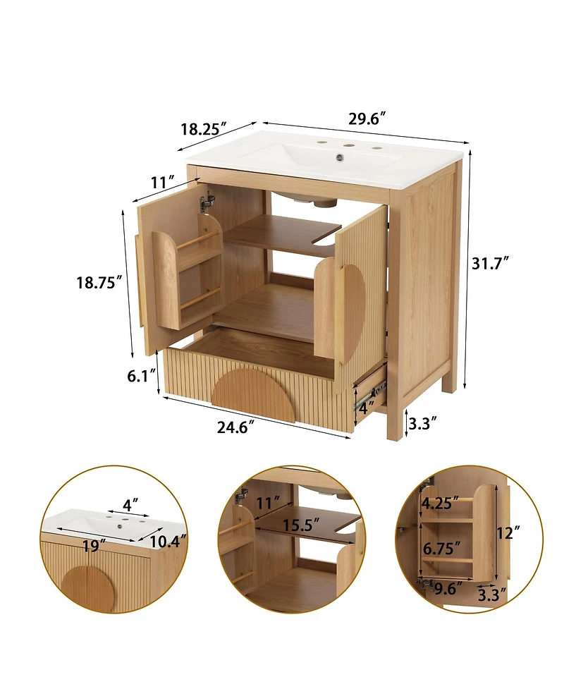Busdays 30 Inch Fluted Bathroom Vanity with Sink Freestanding Modern Wood Cabinet Soft Close Doors 1 Drawer Open Storage Circular Accent