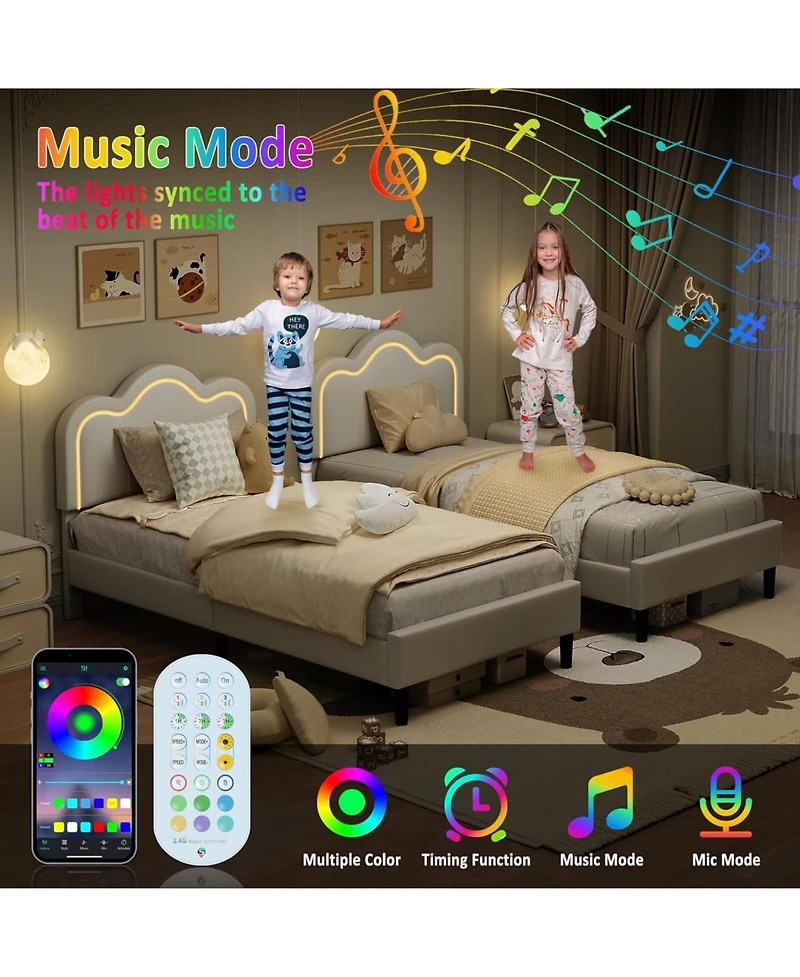 gaomon Twin Smart Led Bed Frame with Adjustable Headboard, Velvet Upholstered Platform for Kids