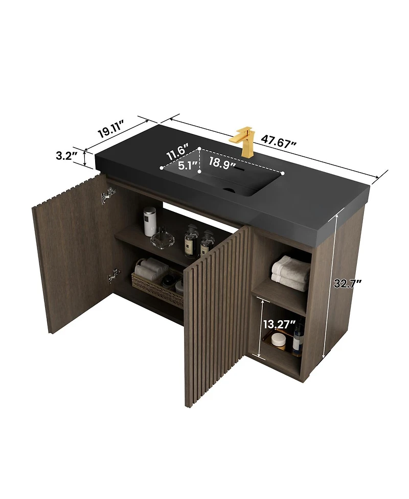 Sillysis 48 Inch Bathroom Vanity with Quartz Sink, Fluted Cabinet, Soft Close Doors and Adjustable Shelves for Large Bathrooms