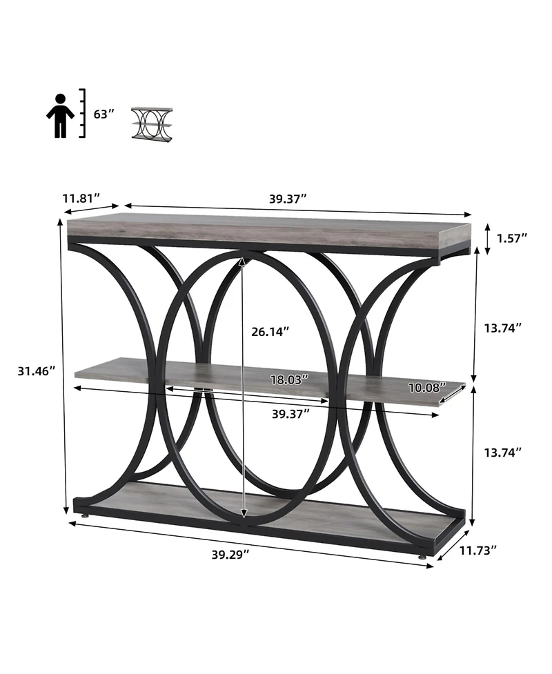 gaomon 39" Industrial 3-Tier Sofa Console Table with Oval-Shaped Metal Frame and Adjustable Feet