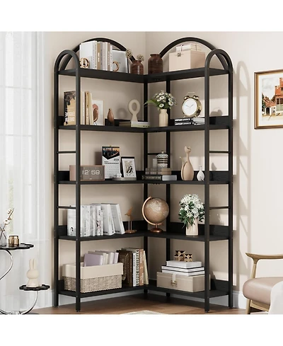 gaomon 68.5" Industrial L-Shaped Corner Bookshelf, 5-Tier Arched Metal Frame Corner Bookcase