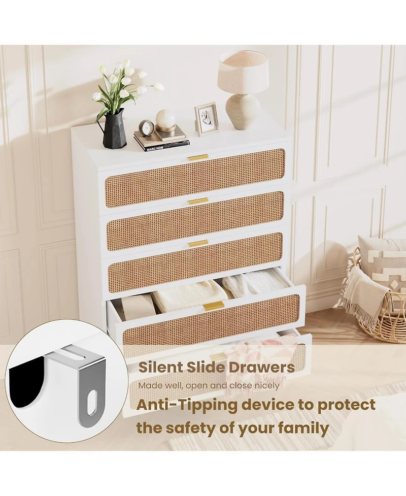 gaomon Rattan Dresser with 5 Drawers, Tall Modern Closet with Deep Storage, Large Chest of Drawers with Wide Top