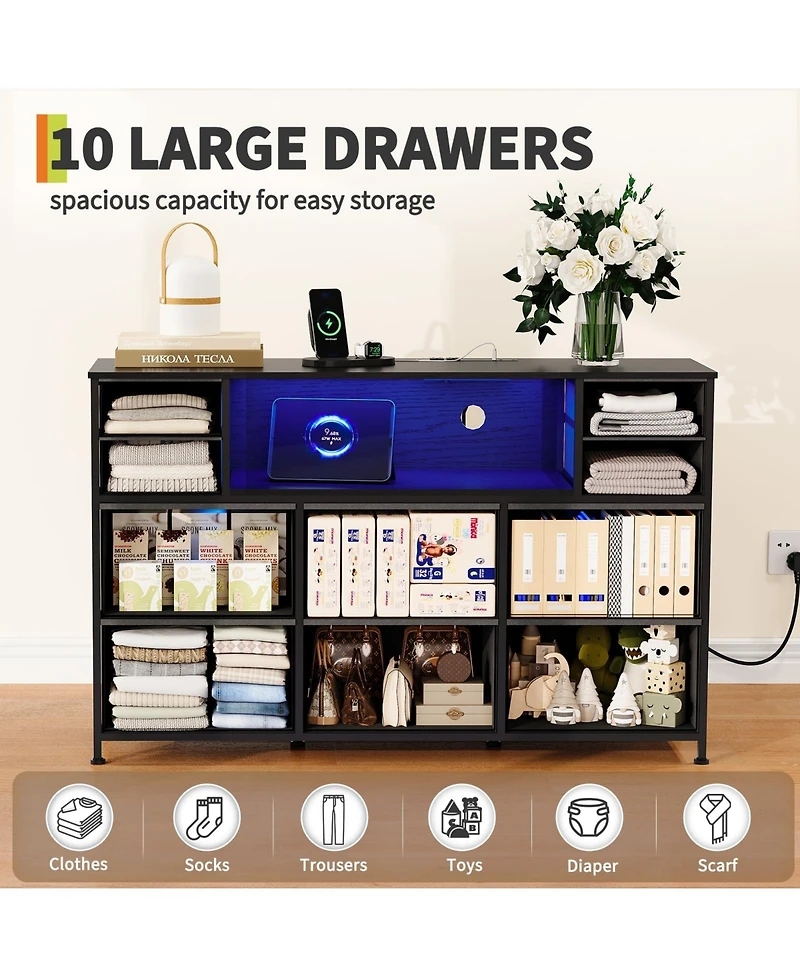 gaomon 10 Fabric Drawers Dresser with Led Lights, Entertainment Center with Charging Station, Wood Top
