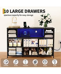gaomon 10 Fabric Drawers Dresser with Led Lights, Entertainment Center with Charging Station, Wood Top