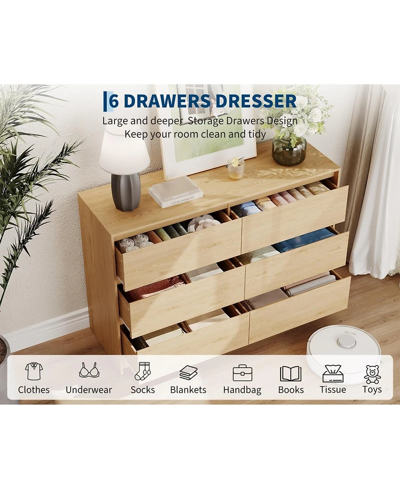 gaomon Farmhouse 6 Drawer Dresser, 47 Inch Wide Chest of Drawers, Handle-Less Design Oak Wooden Organizer Cabinet for Bedroom