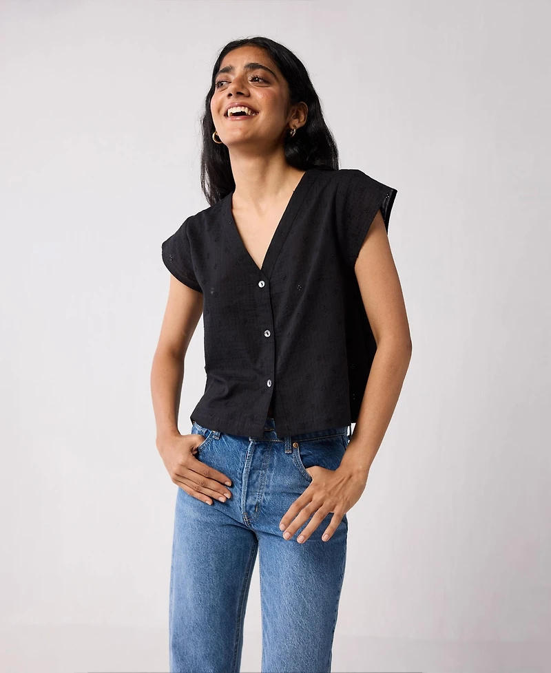 Reistor Women's V-Neck Embroidered Top with Front Buttons