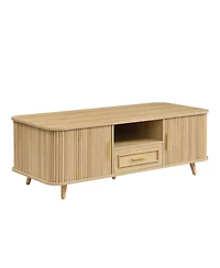 Rainsken Modern Rectangular Coffee Table with Pull-Out Drawer and Vertical Grooved Panels, Center Table with 6 Storage Spaces for Living Room