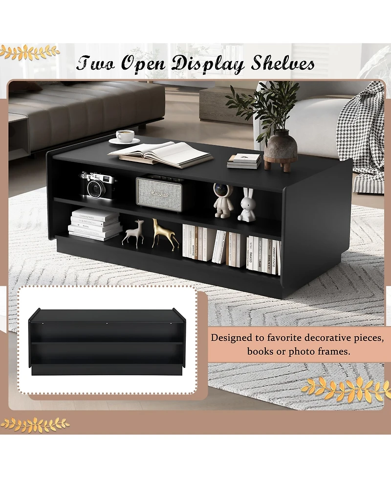 Rainsken Modern Rectangle Coffee Table, 47.2" Wood Center Table with 4 Drawers and 2 Display Shelves, Fluted Design for Living Room