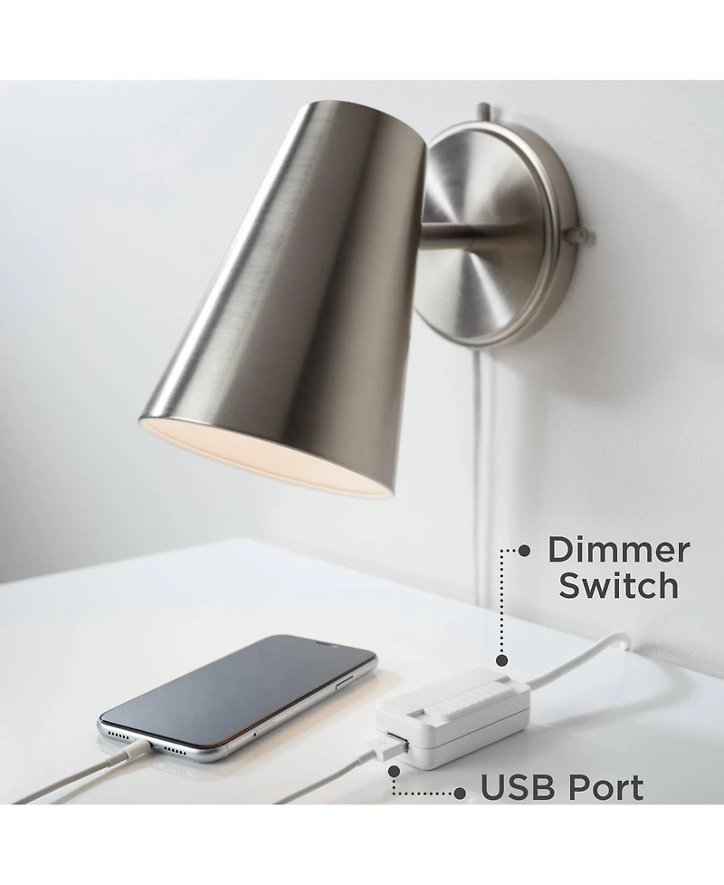 Possini Euro Design Modern Wall Lamp with Usb Port Brushed Nickel Plug-In 12" Light Fixture Rectangular Fabric Shade for Bedroom House