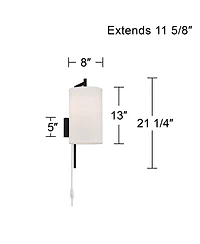 Possini Euro Design Modern Wall Lamps Set of 2 with Usb Port Black Plug-In 8" Light Fixture Fabric Shade for Bedroom Bedside House