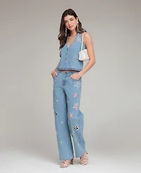Avec Les Filles Women's Mid-Rise Floral Cutout Jeans