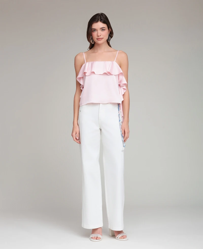 Avec Les Filles Women's Asymmetrical Ruffle Detail Square Neck Top