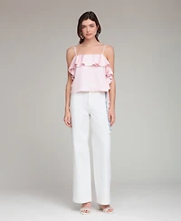 Avec Les Filles Women's Asymmetrical Ruffle Detail Square Neck Top