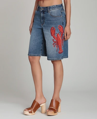Avec Les Filles Women's Mid-Rise Lobster Embroidered Denim Shorts