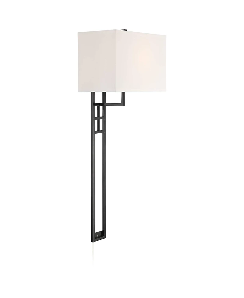 Possini Euro Design Ventano Modern Wall Lamps Set of 2 Plug-In 16" Fixture Linen Fabric Shades for Bedroom Mirror