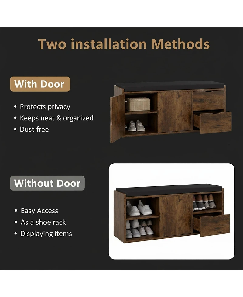 Yigii Entryway Storage Bench with 2 Drawers 2-Tier Shoe Rack Padded Seat Adjustable Shelf Industrial Wood