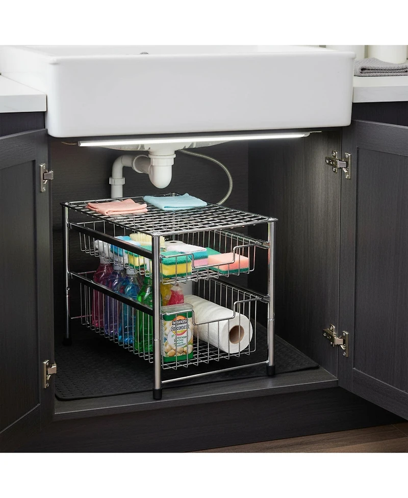 Yigii Free Standing Pull Out Cabinet Organizer Double Sliding Wire Baskets Top Shelf Stackable Metal Storage