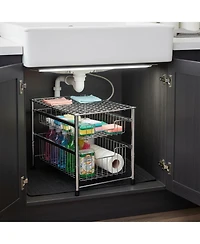 Yigii Free Standing Pull Out Cabinet Organizer Double Sliding Wire Baskets Top Shelf Stackable Metal Storage