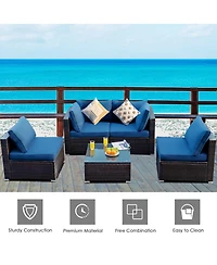 Gymax 5 Pieces Rattan Patio Conversation Set Sofa Furniture Set with Cushions