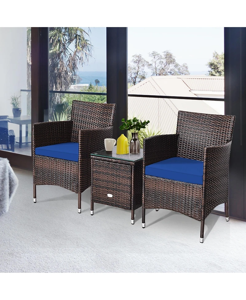 Gymax 3PCS Patio Rattan Chair & Table Furniture Set Outdoor w/ Beige Cushion