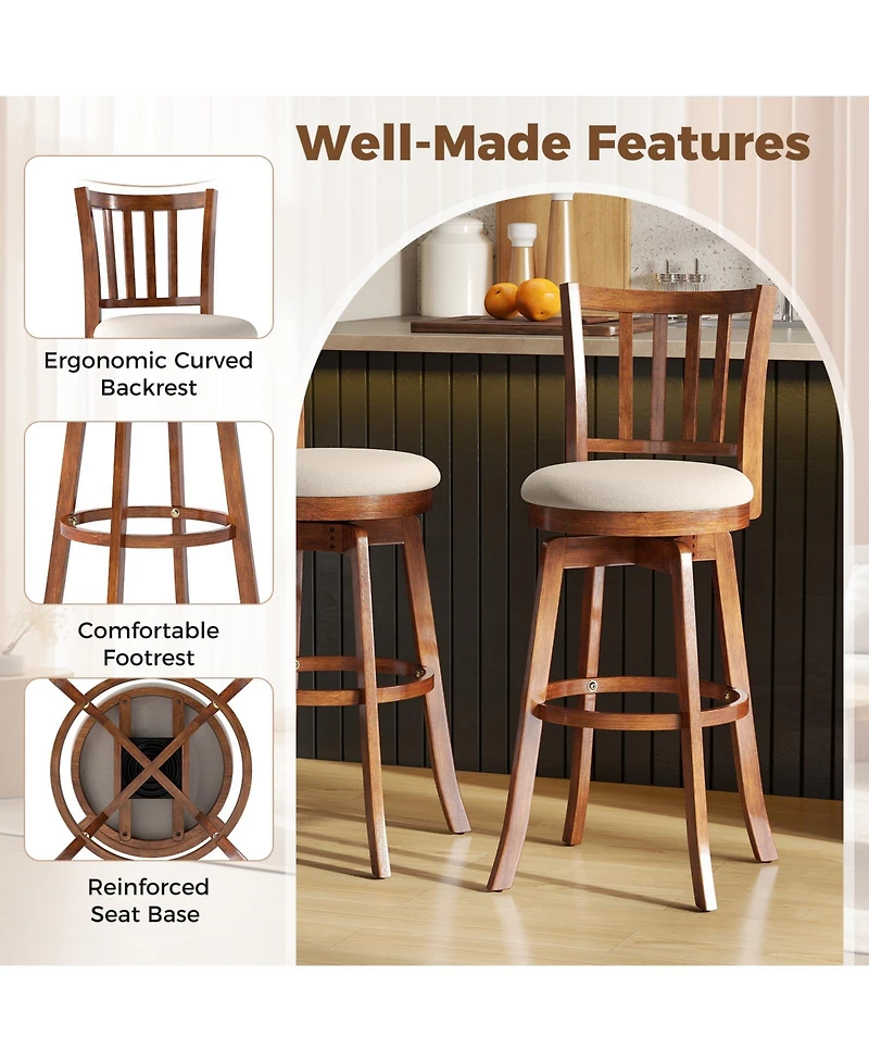 Gymax 30.5'' Swivel Barstools Set of 4 with Backrest and Upholstered Seat Footrest for Pub