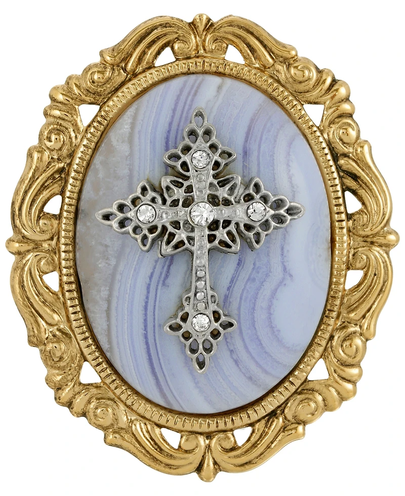 Symbols of Faith 14k Gold Dipped Blue Lace Agate Oval Brooch