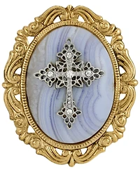 Symbols of Faith 14k Gold Dipped Blue Lace Agate Oval Brooch