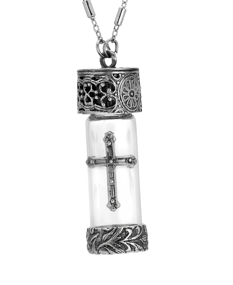 Symbols of Faith Antique Pewter and Silver Tone Glass Cross Vial Screw Cap Necklace