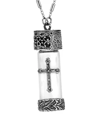 Symbols of Faith Antique Pewter and Silver Tone Glass Cross Vial Screw Cap Necklace