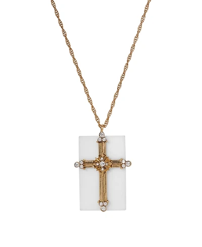 Symbols of Faith 14K Gold Dipped White Real Quartz Stone Crystal Cross 28" Necklace
